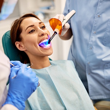 Dentist applying UV light to woman&rsquo;s tooth-colored filling