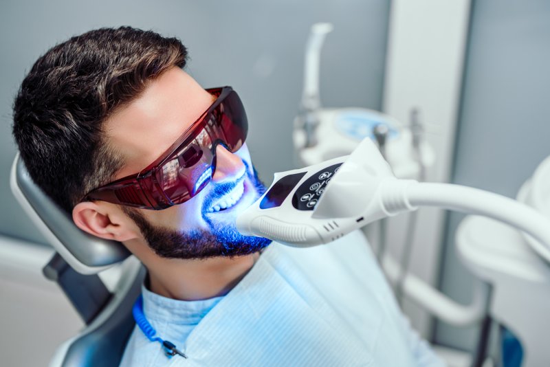 a patient undergoing in-office teeth whitening treatment