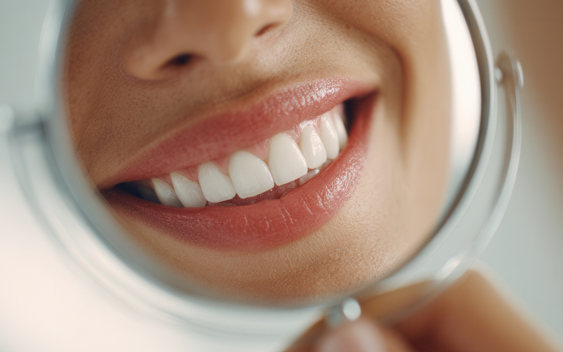 Close up of woman's smile in hand mirror